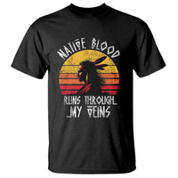 Black graphic t-shirt with Native silhouette and sunrise-style slogan design on front