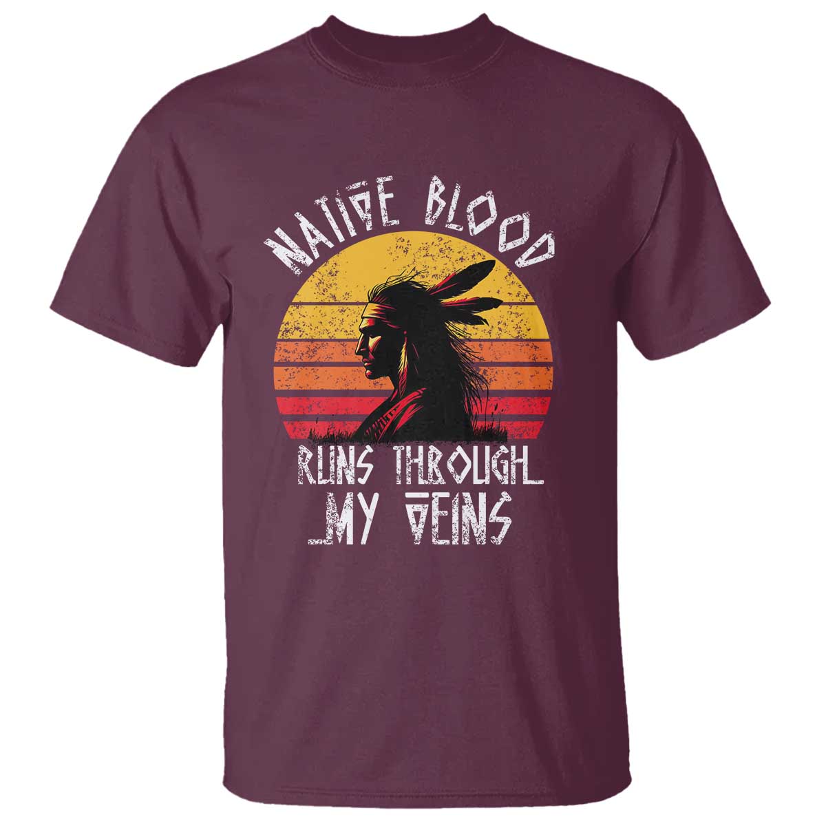 Maroon graphic t-shirt with Native silhouette and sunrise-style slogan design on front
