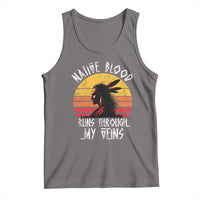 Gray sleeveless tank top with crew neck and Native American graphic print