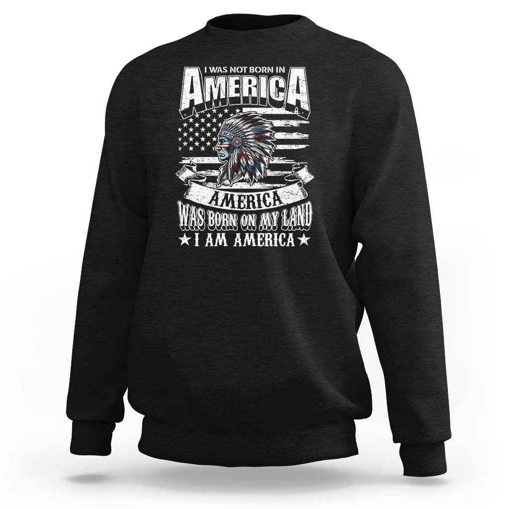 Black crewneck sweatshirt with front graphic featuring Native American headdress and “AMERICA” text