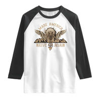 White raglan T-shirt with black sleeves and Native-themed eagle graphic on chest
