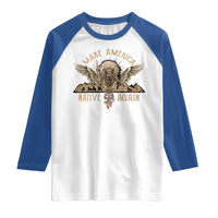 White raglan T-shirt with blue sleeves and Native-themed eagle graphic