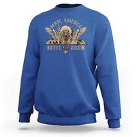 Royal blue Native American sweatshirt with eagle logo and ribbon text print