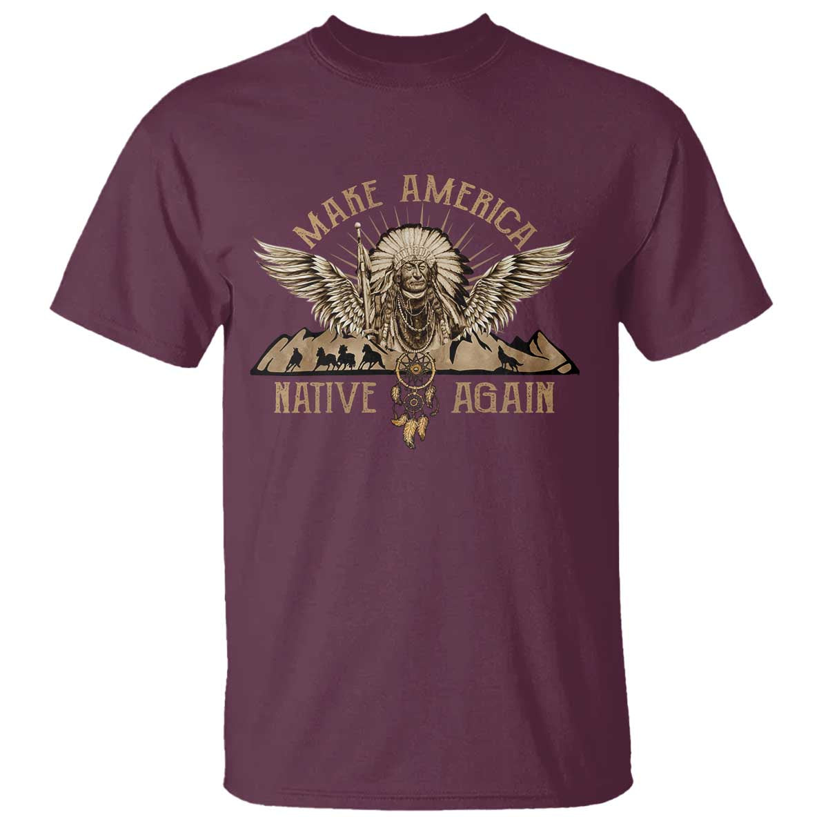 Maroon T-shirt with Native-style eagle head and wings graphic on chest