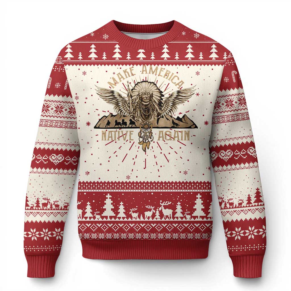 Ugly Christmas sweater in red and cream with eagle graphic and festive border patterns