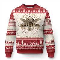 Ugly Christmas sweater in red and cream with eagle graphic and festive border patterns