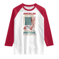 Red-and-white raglan shirt with American flag and history text front graphic