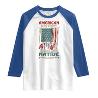 Blue-and-white raglan T-shirt with large American flag history graphic on front