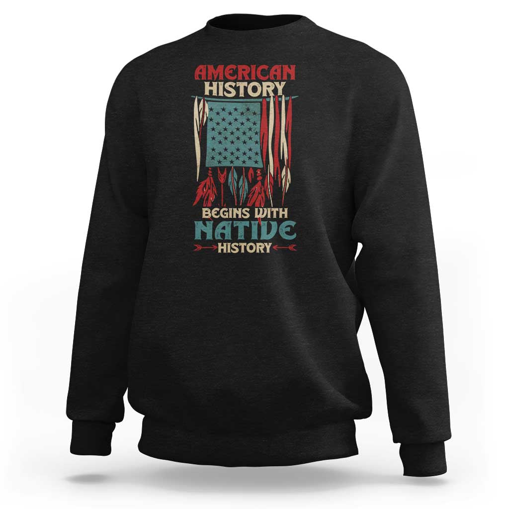 Black crewneck sweatshirt with Native-themed American flag graphic on front