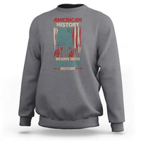 Charcoal gray crewneck sweatshirt with Native-themed American flag graphic on front