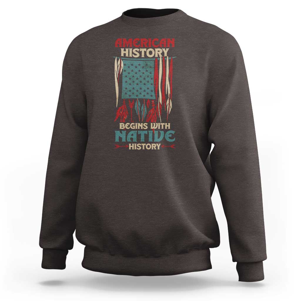 Dark brown crewneck sweatshirt with Native-themed American flag graphic on front
