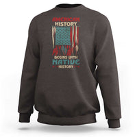 Dark brown crewneck sweatshirt with Native-themed American flag graphic on front