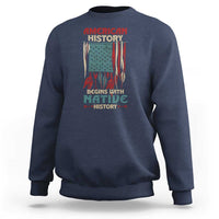 Navy blue crewneck sweatshirt with Native-themed American flag graphic on front