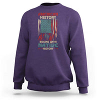 Purple crewneck sweatshirt with Native-themed American flag graphic on front
