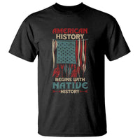 Black T-shirt with American history graphic featuring a flag and red “begins with” text