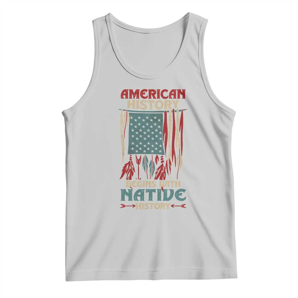 Light gray graphic tank top with American flag and Native history text
