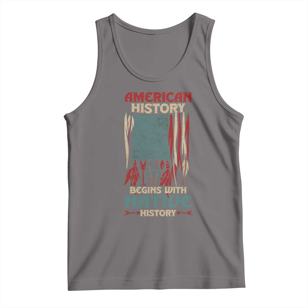 Gray graphic American flag tank top with Native history text and red, green, and beige accents