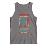 Gray graphic American flag tank top with Native history text and red, green, and beige accents