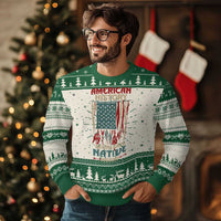 Green ugly Christmas sweater with white yoke, evergreen border, and patriotic flag graphic