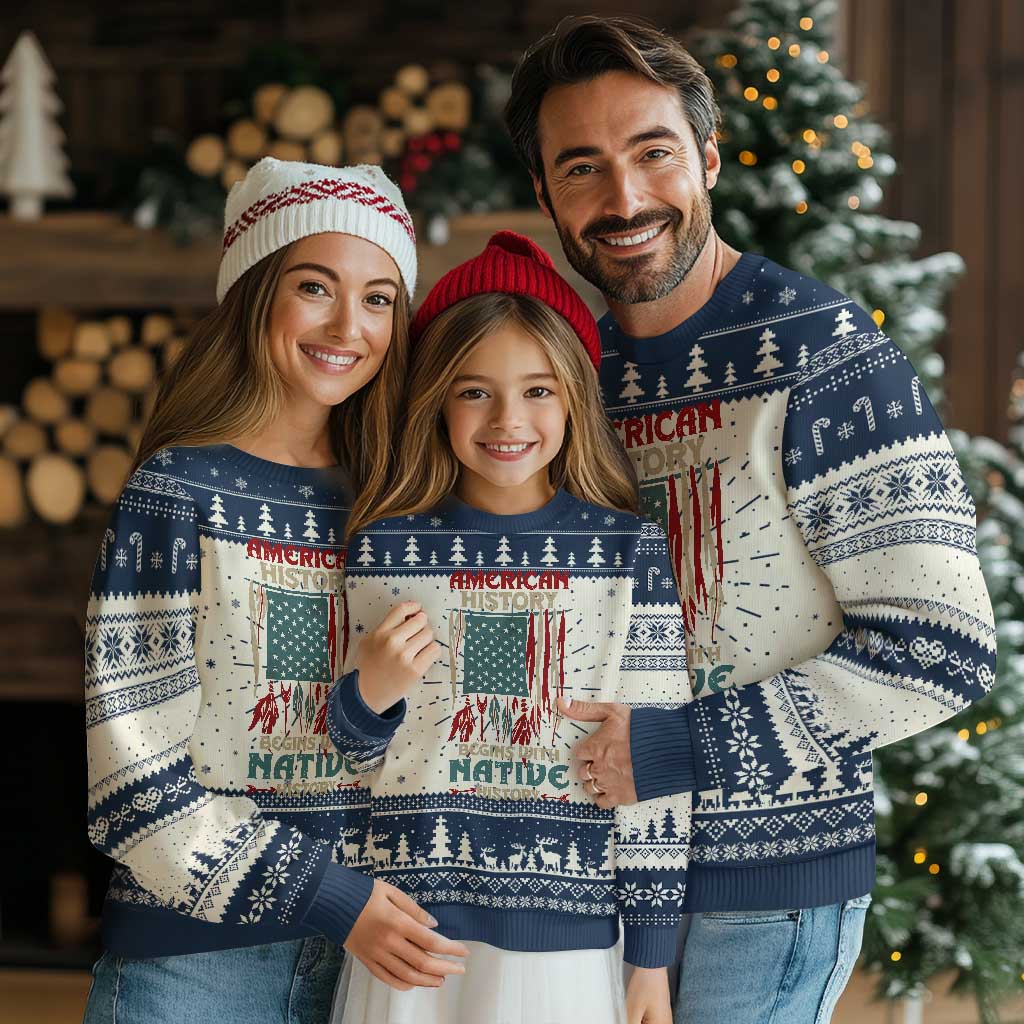 Blue ugly Christmas sweater with white yoke, evergreen border, and patriotic flag graphic