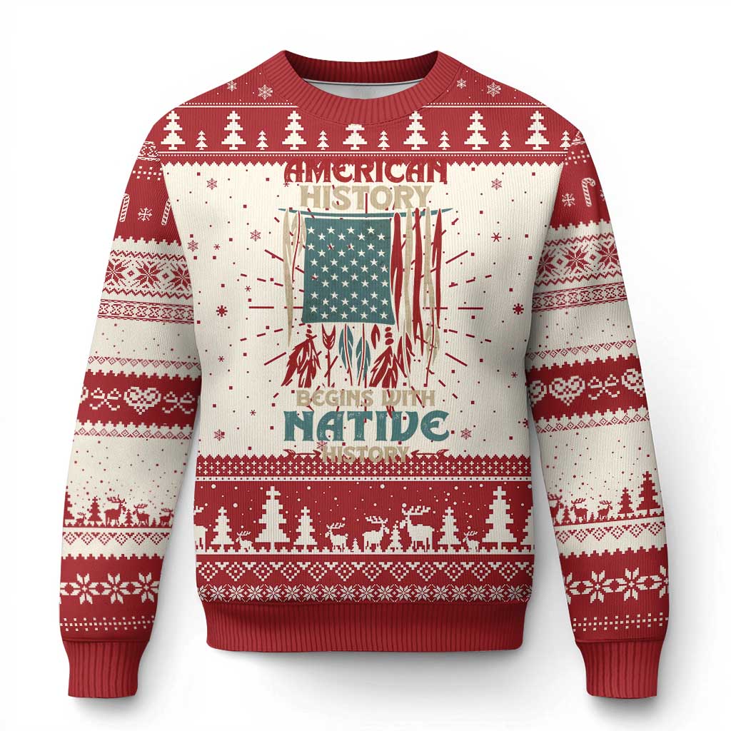 Red ugly Christmas sweater with white yoke, evergreen border, and patriotic flag graphic