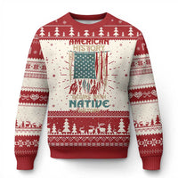 Red ugly Christmas sweater with white yoke, evergreen border, and patriotic flag graphic