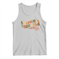 Light gray sleeveless tank top with colorful distressed graphic print on chest