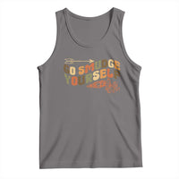 Gray scoop-neck tank top with gold and orange graphic text on front