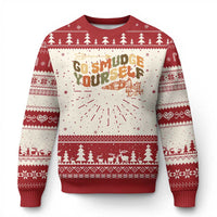 Red and cream ugly Christmas sweater with tree print, stripes, and 'Go Smudge Yourself' graphic.