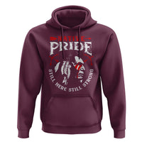 Maroon pullover hoodie with front graphic, hood and drawstrings, kangaroo pocket