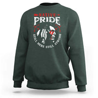 Dark forest green crewneck sweatshirt with centered Native Pride back graphic