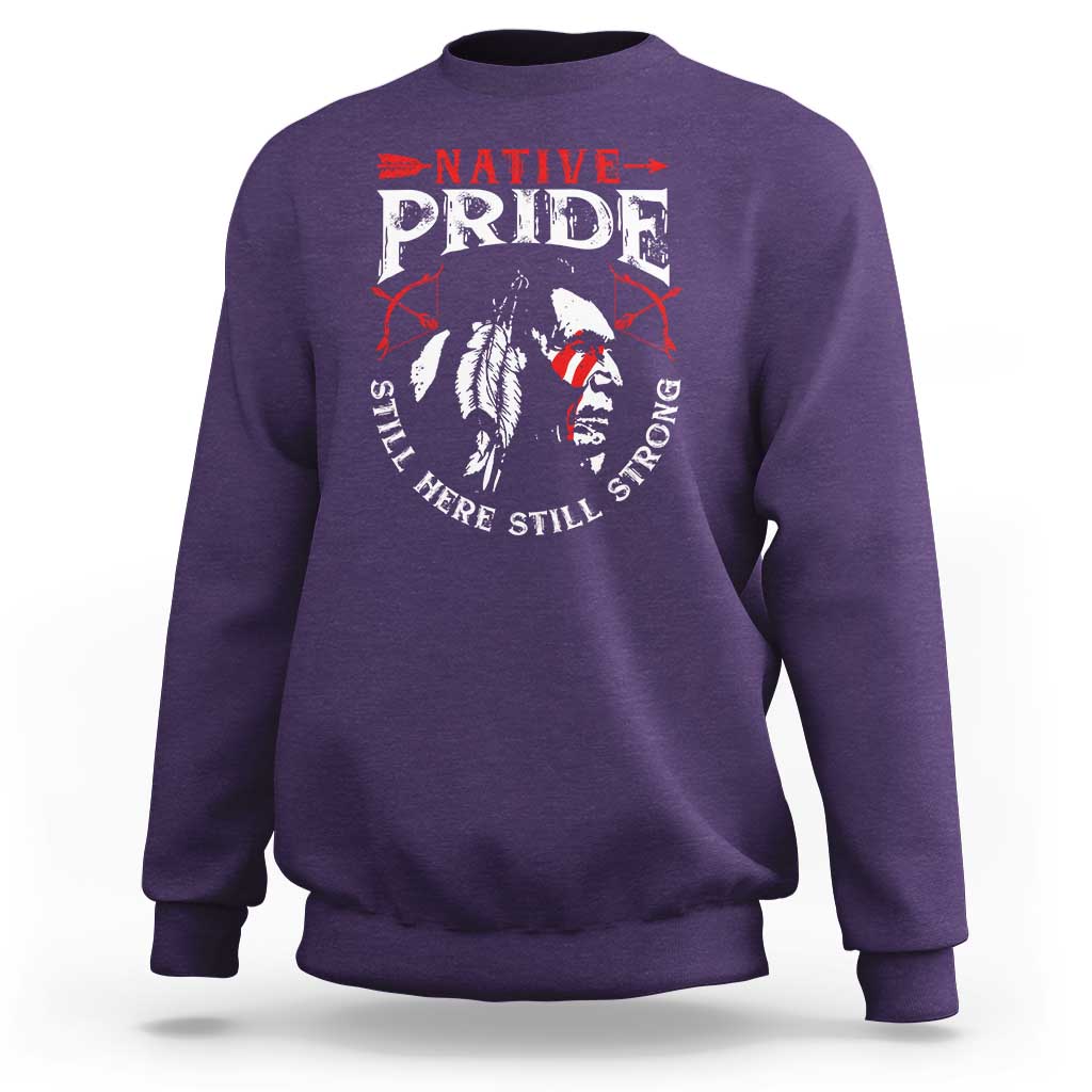 Purple crewneck sweatshirt with centered Native Pride back graphic