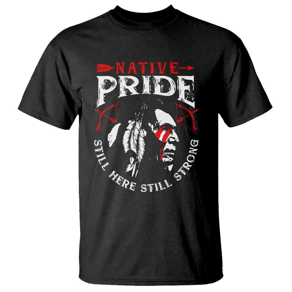 Black Native Pride T-shirt with large Native Pride graphic and feathered profile print