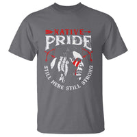 Gray Native Pride T-shirt with Native Pride lettering and feather profile front graphic