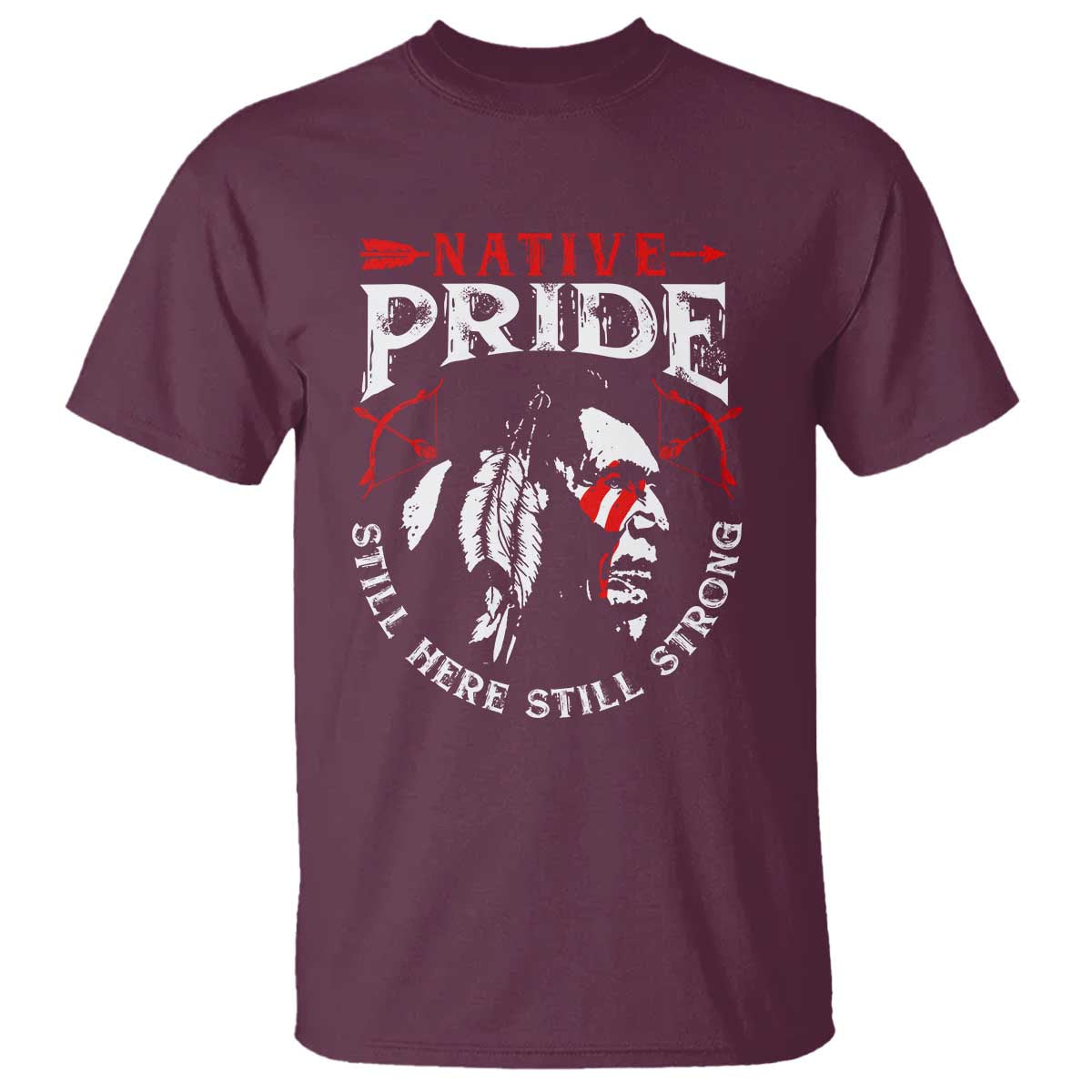 Maroon Native Pride T-shirt with Native Pride text and feather profile front graphic
