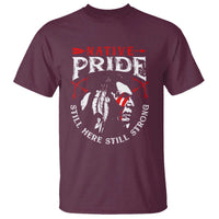 Maroon Native Pride T-shirt with Native Pride text and feather profile front graphic