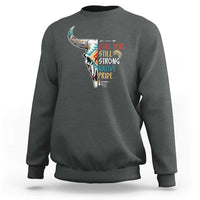 dark gray sweatshirt with Native Pride graphic on chest