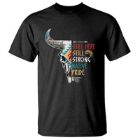 Black graphic Native pride T-shirt with colorful bull skull and stacked slogan