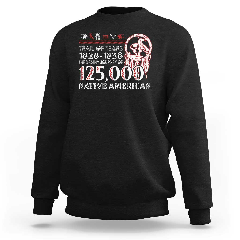 Black crewneck sweatshirt with front graphic portrait and “125,000” Native American text