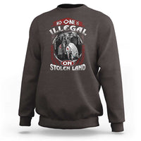 Crewneck sweatshirt, heather brown/gray, long sleeves, centered illustrated graphic on front