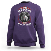 Crewneck sweatshirt, purple, long sleeves, centered illustrated graphic on front