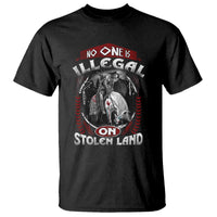Black graphic T-shirt with horse art, 'No One Is Illegal' and 'Stolen Land' text