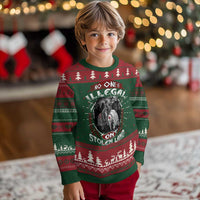 Kids Christmas crewneck sweater in green with dog graphic and festive border