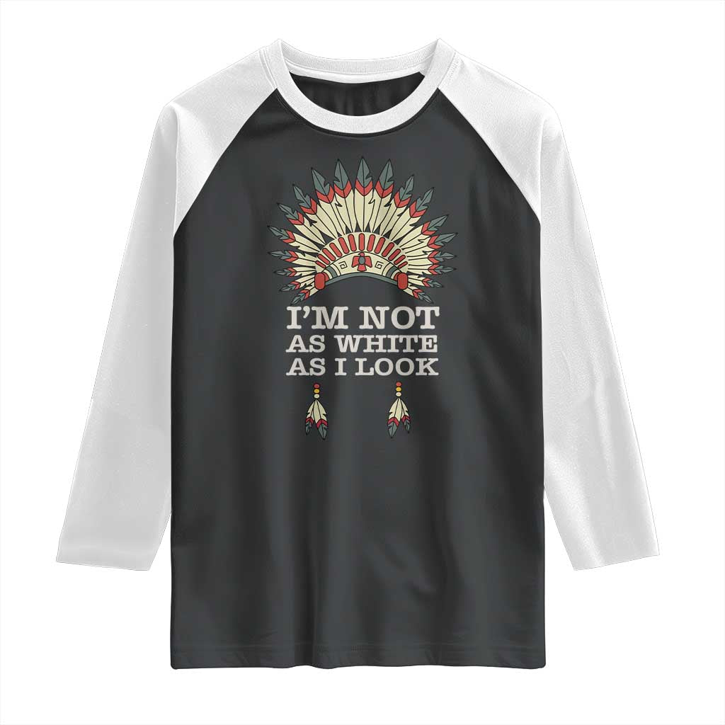 Raglan T-shirt with headdress graphic and text, dark front, white sleeves