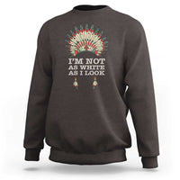 Dark chocolate crewneck sweatshirt with colorful Native-inspired back graphic and text