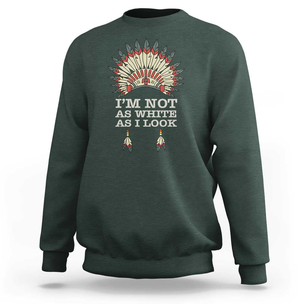 Dark forest green crewneck sweatshirt with colorful Native-inspired back graphic and text