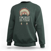 Dark forest green crewneck sweatshirt with colorful Native-inspired back graphic and text