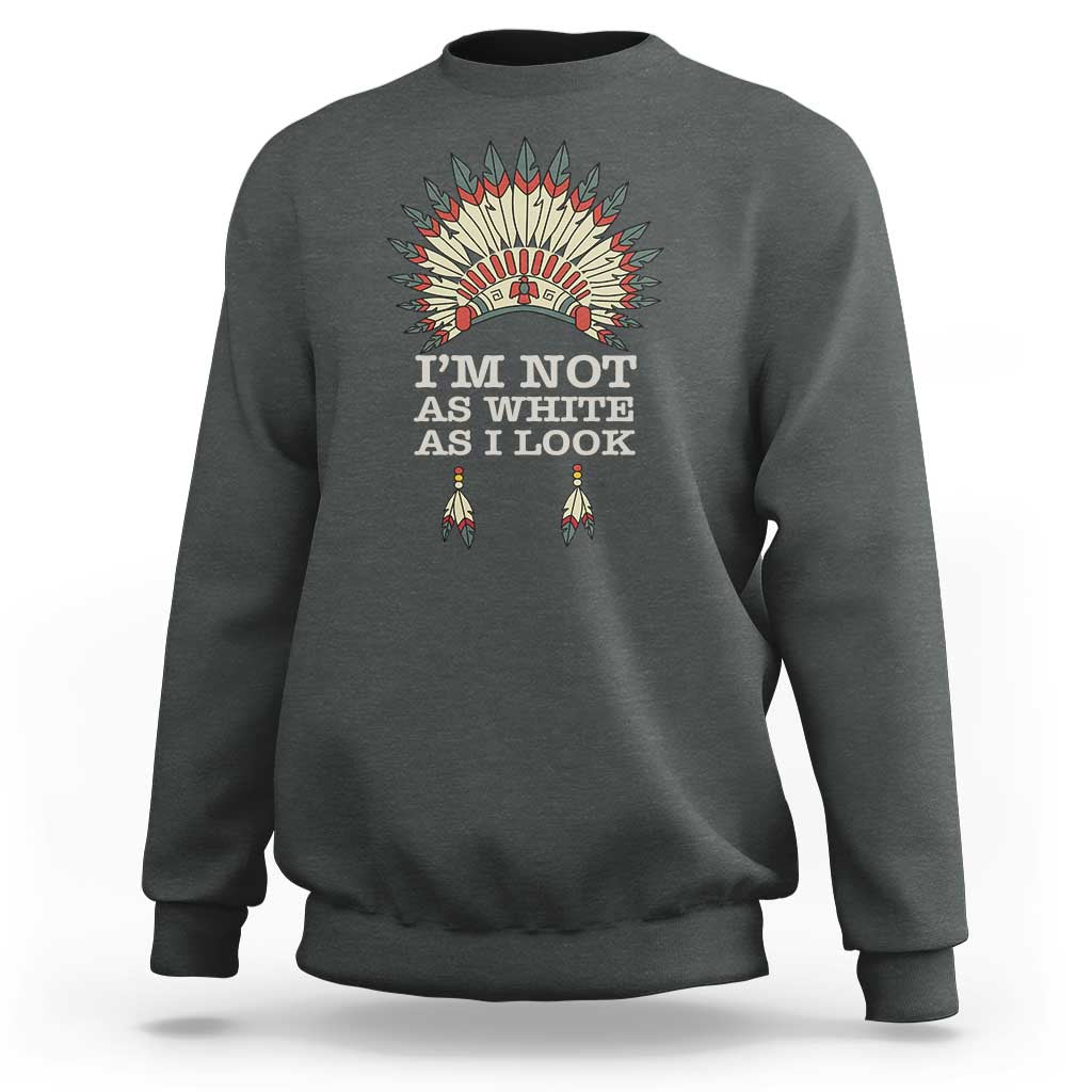 Dark heather crewneck sweatshirt with colorful Native-inspired back graphic and text