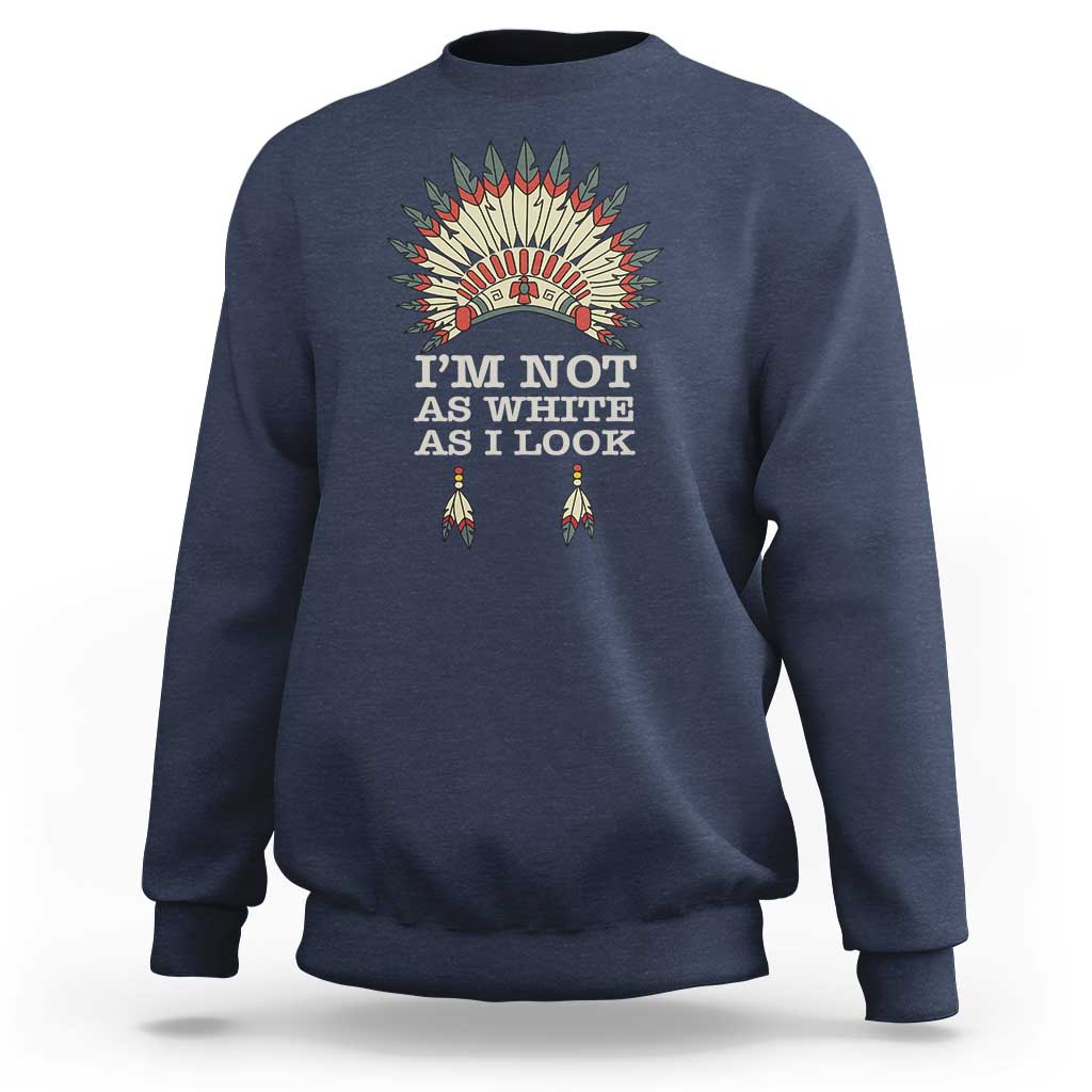 Navy crewneck sweatshirt with colorful Native-inspired back graphic and text