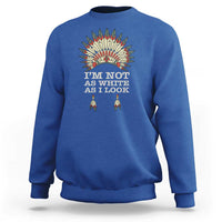 Royal blue crewneck sweatshirt with colorful Native-inspired back graphic and text